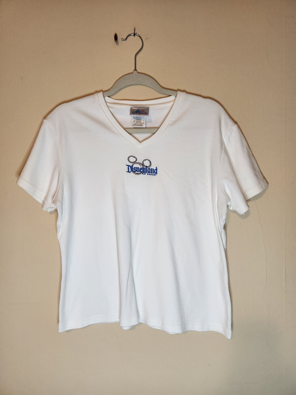 Disneyland Resort White V-Neck Tee with Blue Embroidery